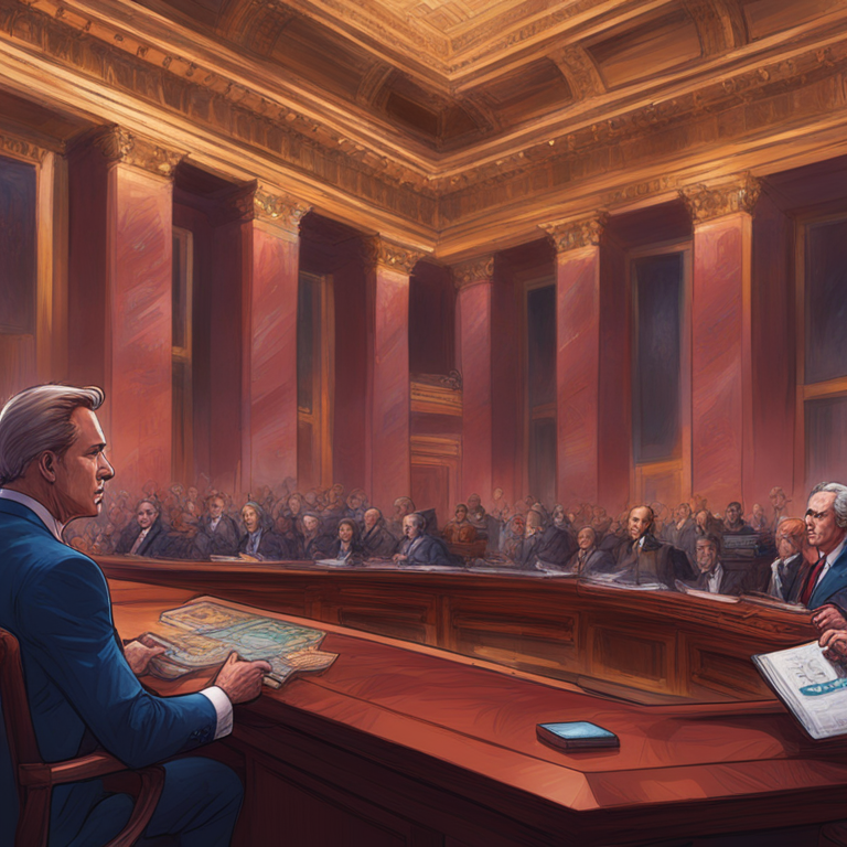 Hand-drawn digital illustration of the U.S. Senate debating a cryptocurrency bill, Artstation HQ, digital art, legislators discussing with Bitcoin symbols, modern and dynamic, vibrant colors, by Peter Mohrbacher and Donato Giancola, trending on Artstation