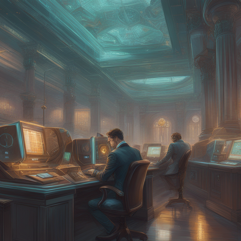 Hand-drawn digital illustration of digital assets' safety and security in a financial institution, Artstation HQ, digital art, bankers safeguarding cryptocurrencies, modern and detailed, by Peter Mohrbacher and Donato Giancola, trending on Artstation