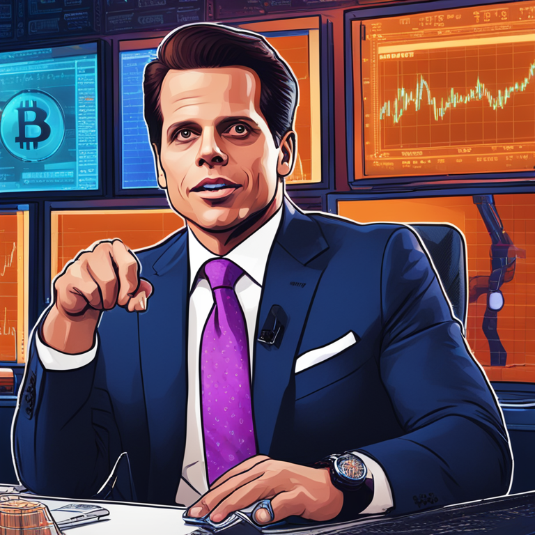 Digital illustration of Anthony Scaramucci discussing Bitcoin on CNBC, Artstation HQ, financial expert, vibrant digital art style