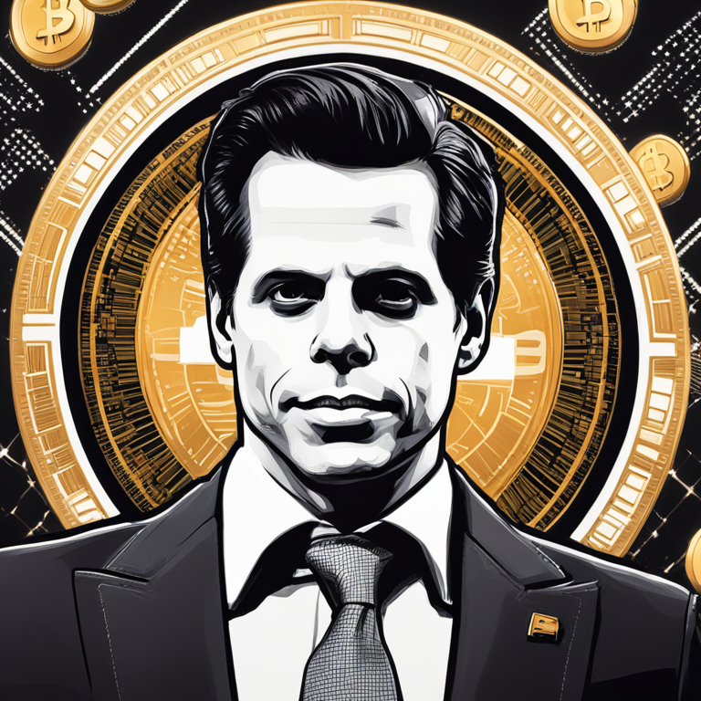 Hand-drawn digital illustration, Artstation HQ, digital art, representing Anthony Scaramucci with Bitcoin symbols, modern financial setting, detailed and professional, trending magazine style