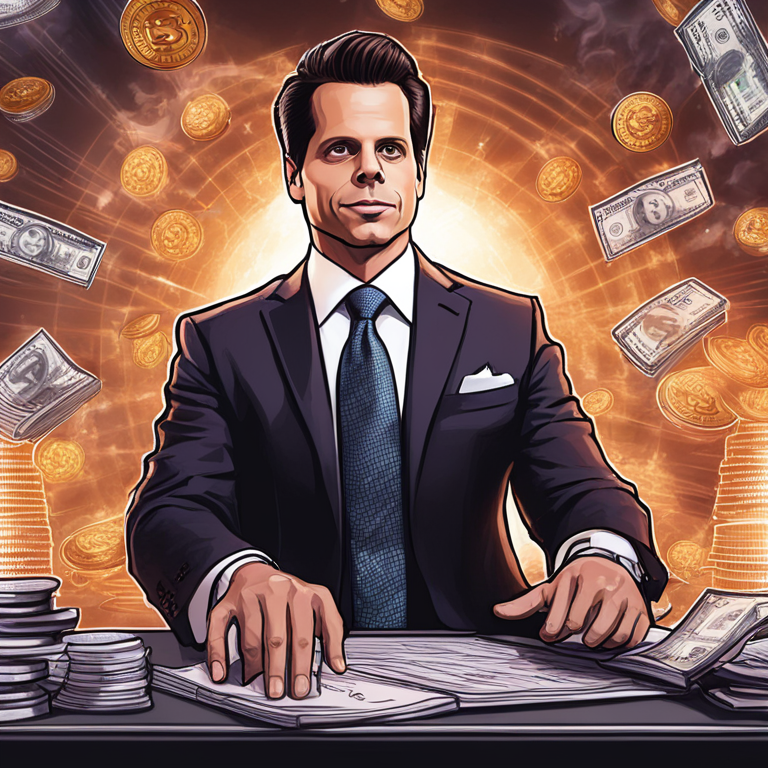 A hand-drawn digital illustration of Anthony Scaramucci in a financial setting, with Bitcoin symbols and institutional entities, styled like a trendy magazine cover, Artstation HQ, digital art