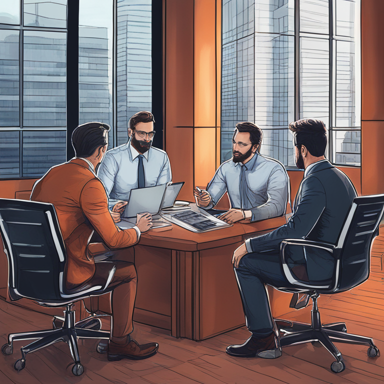 Hand-drawn digital illustration of financial advisors discussing Bitcoin ETF investments, artstation HQ, detailed setting, digital art