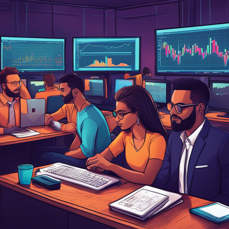 Hand-drawn digital illustration of a diverse group of investors analyzing Bitcoin ETF charts, Artstation HQ, modern and vibrant colors, detailed set-up, digital art