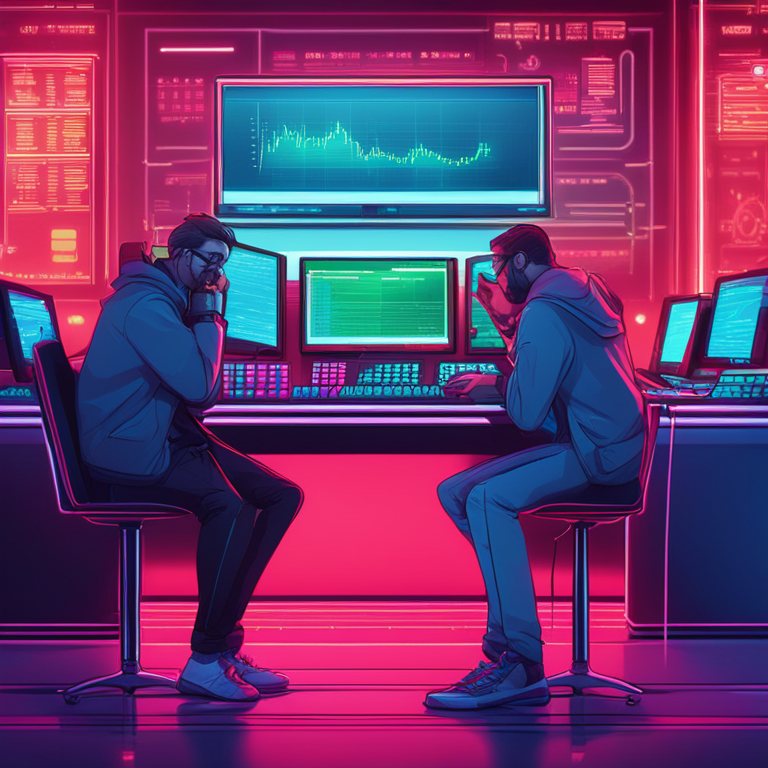 Illustration of a frustrated cryptocurrency exchange facing regulatory challenges in France, sleek and modern setting, Artstation HQ, digital art, neon colors, professional atmosphere, trending on Artstation