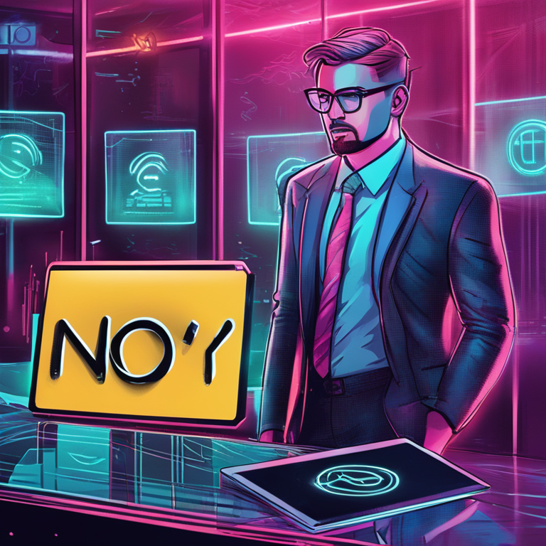 Hand-drawn digital illustration of a perplexed businessperson looking at a 'no entry' sign with blockchain elements, featuring vibrant colors and a trendy magazine style, Artstation HQ, digital art.