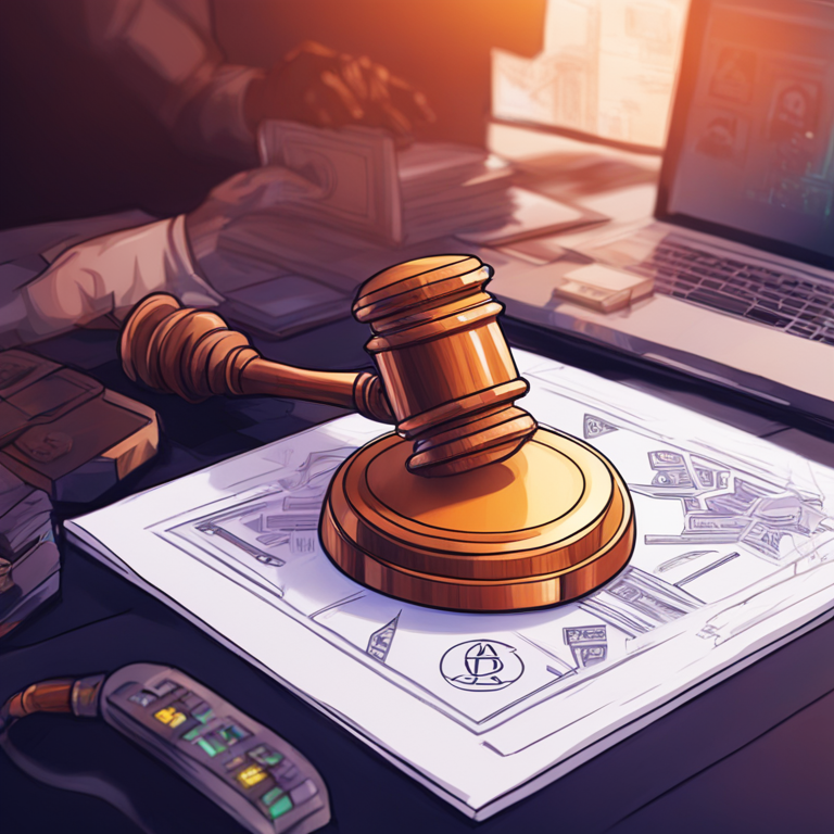 hand-drawn digital illustration, Artstation HQ, digital art, Indian rupee symbol merging with cryptocurrency icons, authoritative figure with gavel and legal documentation, futuristic setting depicting financial regulations