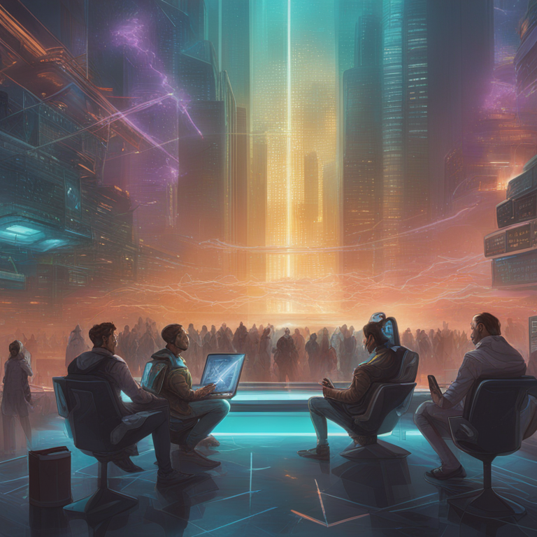 hand-drawn digital illustration, Artstation HQ, digital art, a futuristic urban scene with diverse professionals discussing crypto regulations, vibrant colors, sleek modern setting, high-tech visual elements, art by Peter Mohrbacher and Donato Giancola