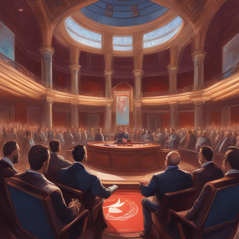 hand-drawn digital illustration, Artstation HQ, digital art, a vibrant legislative chamber in Turkey with lawmakers discussing crypto licensing regulations, detailed characters in dynamic poses, emphasis on dialogue and collaboration, art by Peter Mohrbacher and Donato Giancola