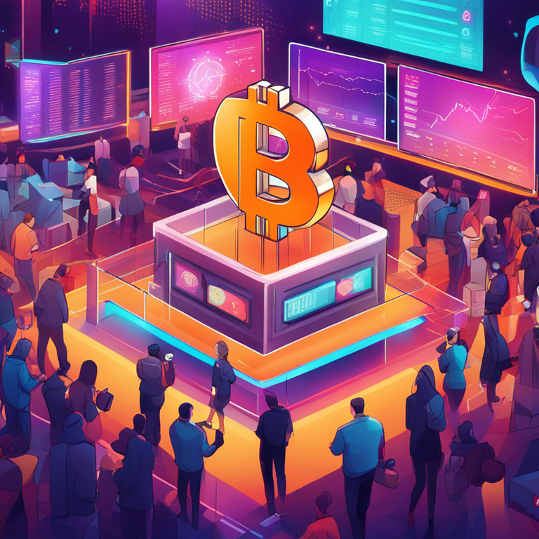 Abstract digital illustration depicting the vibrant and bustling crypto marketplace with investors and digital assets, trending on Artstation, artistically detailed, HQ