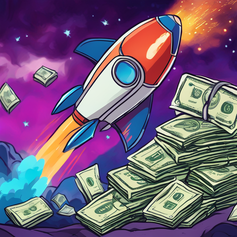 Hand-drawn digital illustration showing a rocket ship blasting off with a bag of money, digital art, Artstation HQ, vibrant colors, financial success, blockbuster launch scene