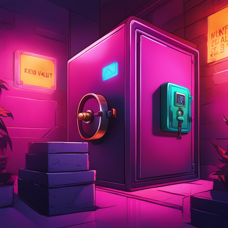 Illustration of a secured vault with a limited access sign, solana tokens, digital art, modern vibrant colors, exclusive club theme, Artstation HQ