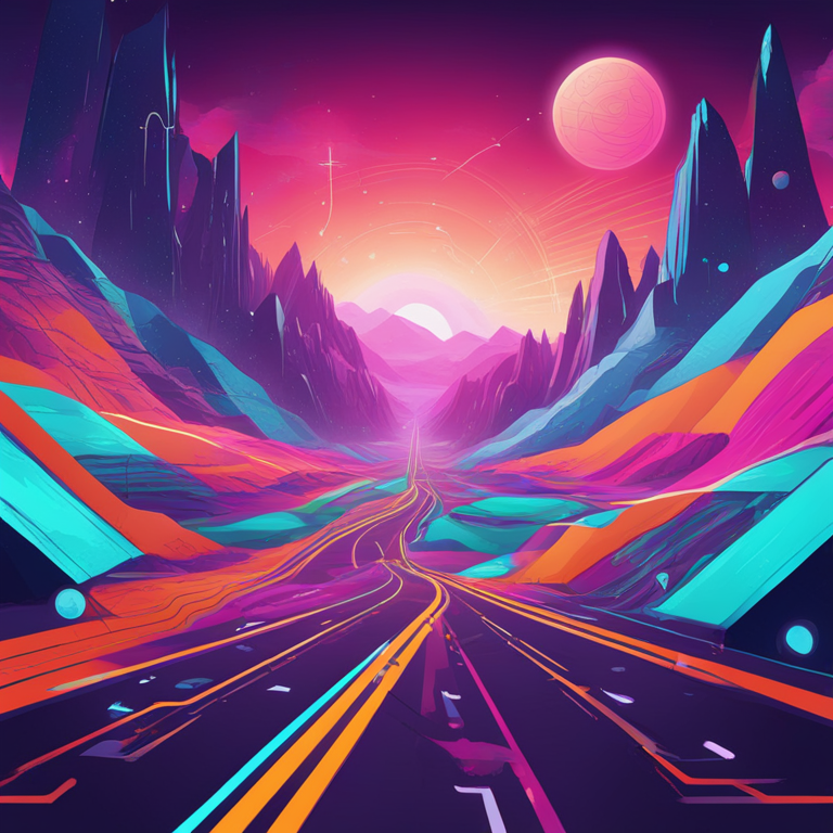 abstract digital art of futuristic roadmap with milestones, crypto aesthetics, bright colors, hand-drawn digital illustration, Artstation HQ, digital art