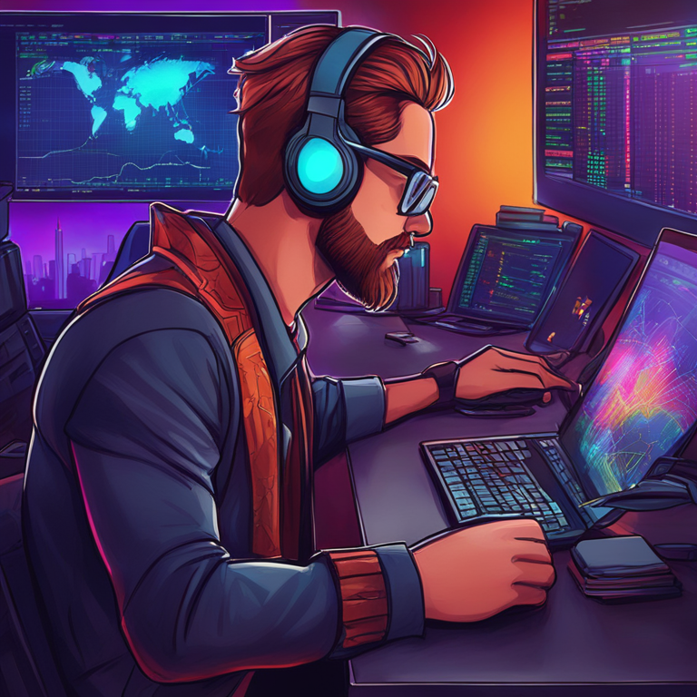 Cryptocurrency trader analyzing market trends, hand-drawn digital illustration, Artstation HQ, digital art, vibrant colors, detailed