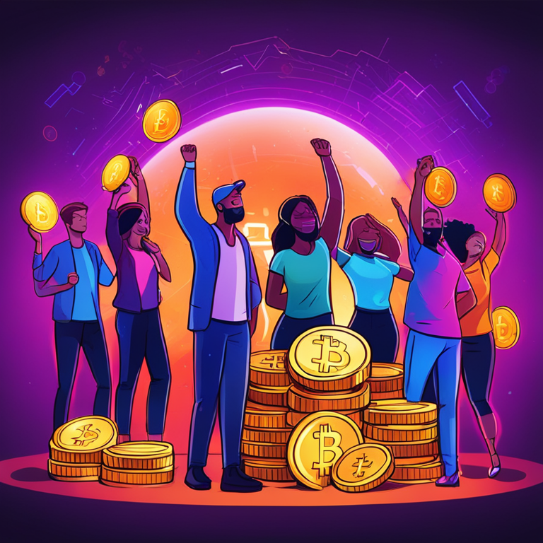 A digital illustration of a diverse group of cryptocurrency enthusiasts celebrating with vibrant digital screens displaying rising coin values, created in a hand-drawn style, Artstation HQ, digital art