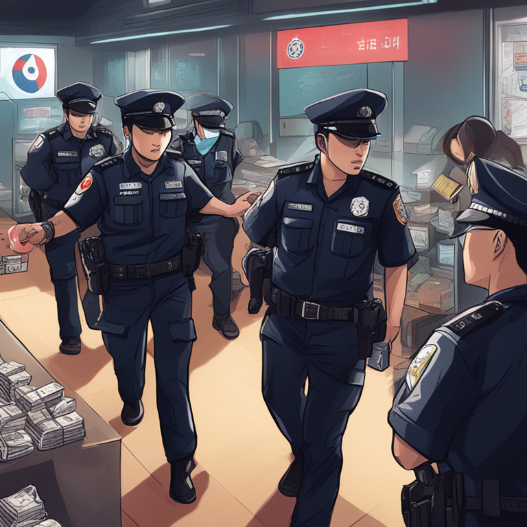 Hand drawn digital illustration, Artstation HQ, digital art, South Korean police arresting suspects, confiscated drugs and crypto money.