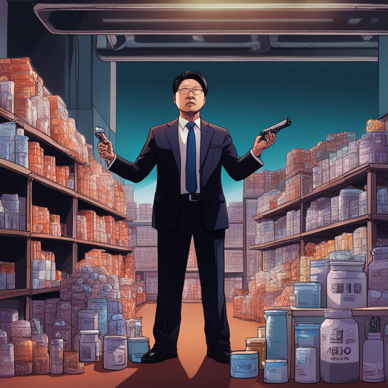 Hand drawn digital illustration, Artstation HQ, digital art, President Yoon Suk-yeol declaring a crackdown on drug trafficking, standing against a backdrop of confiscated drugs and crypto, digital bold magazine style.