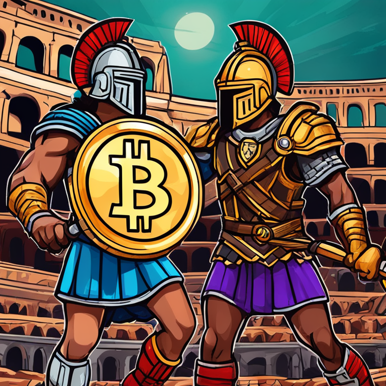 Hand-drawn digital illustration of Bitcoin and Ethereum as gladiators in a Colosseum, trending on Artstation, vivid and dynamic style