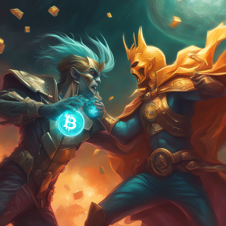 hand-drawn digital illustration, Artstation HQ, digital art of a clash between Bitcoin and Ethereum, vibrant colors, trending on Artstation, abstract representation of the crypto war, Peter Mohrbacher and Donato Giancola style