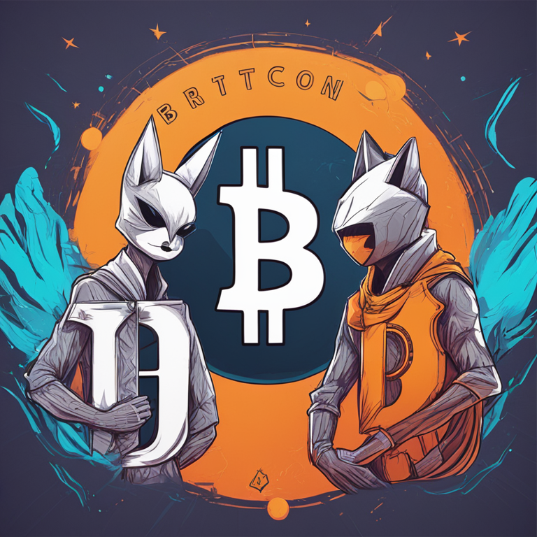 hand-drawn digital illustration of Bitcoin and Ethereum logos clashing as anthropomorphic characters, Artstation HQ, digital art, vibrant, trendy magazine style