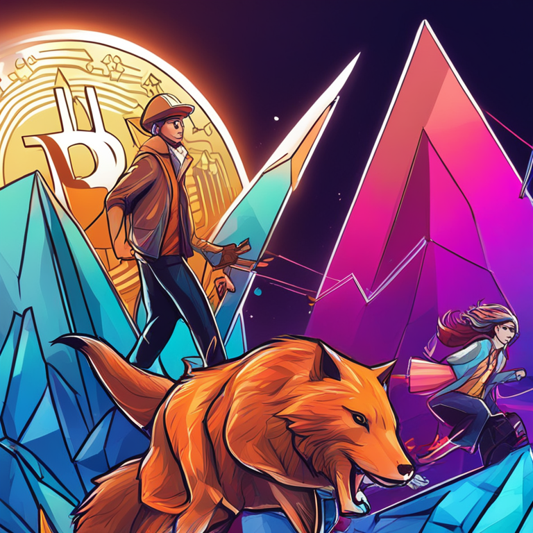 hand-drawn digital illustration with Bitcoin and Ethereum graphs competing in a stylized financial race, Artstation HQ, digital art, vibrant colors, trendy magazine style