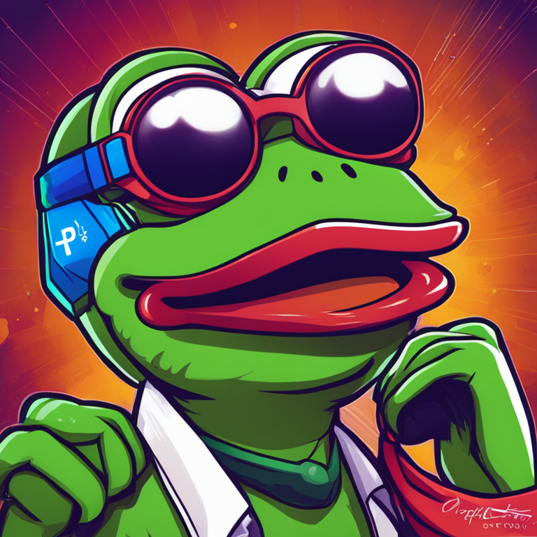 A detailed hand-drawn digital illustration showing the PEPE cryptocurrency mascot with a graph chart depicting a 200% rally, vibrant colors, digital art, trending on Artstation HQ