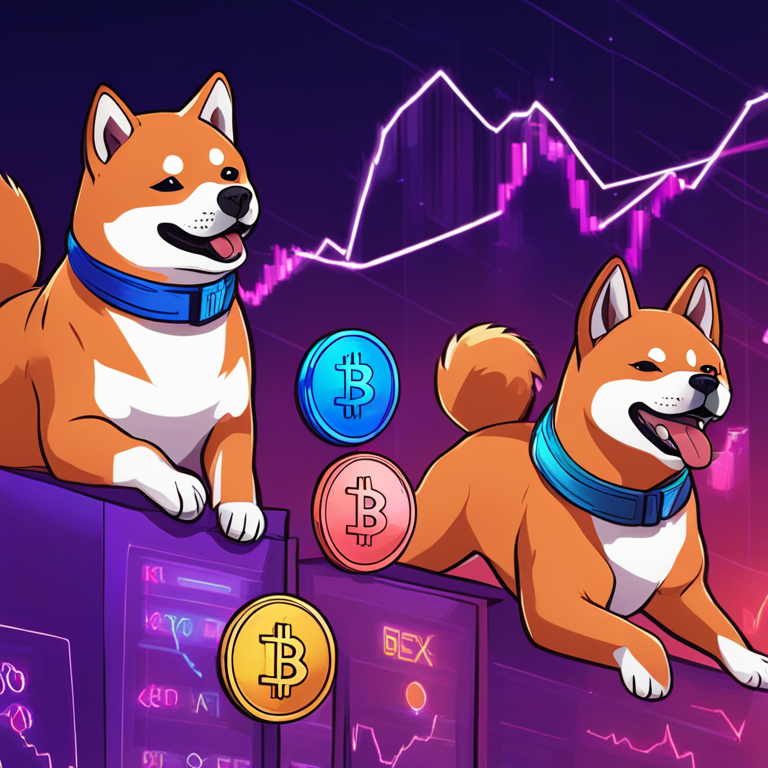 hand-drawn digital illustration, Artstation HQ, digital art, depicting crypto coins of Shiba Inu, Solana, and Pepe in a stylish, colorful, upward trajectory chart trend, reflecting bullish movements and growth in the market, inspired by modern financial news illustrations