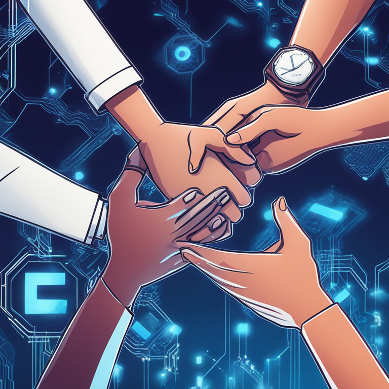 Illustration of digital handshakes between blockchain nodes and financial institutions, Artstation HQ, digital art, sleek design, vivid details.