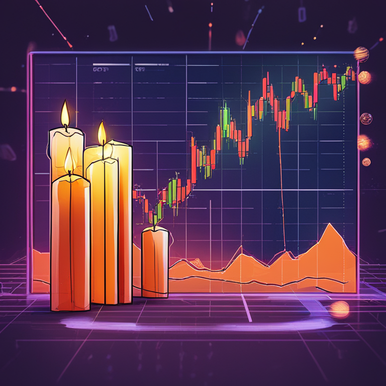 Bitcoin trading graph with consolidation analysis, dynamic illustration, hand-drawn digital illustration style, Artstation HQ, cryptocurrency trends, high-tech dashboard, colorful candles chart, trending on Artstation, modern financial background, digital art