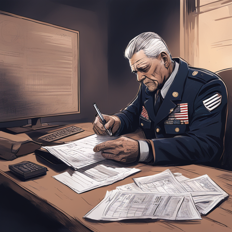 A distressed US veteran reviewing bank statements, digital illustration, hand-drawn style, Artstation HQ, modern, detailed, symbolic of financial loss, digital art