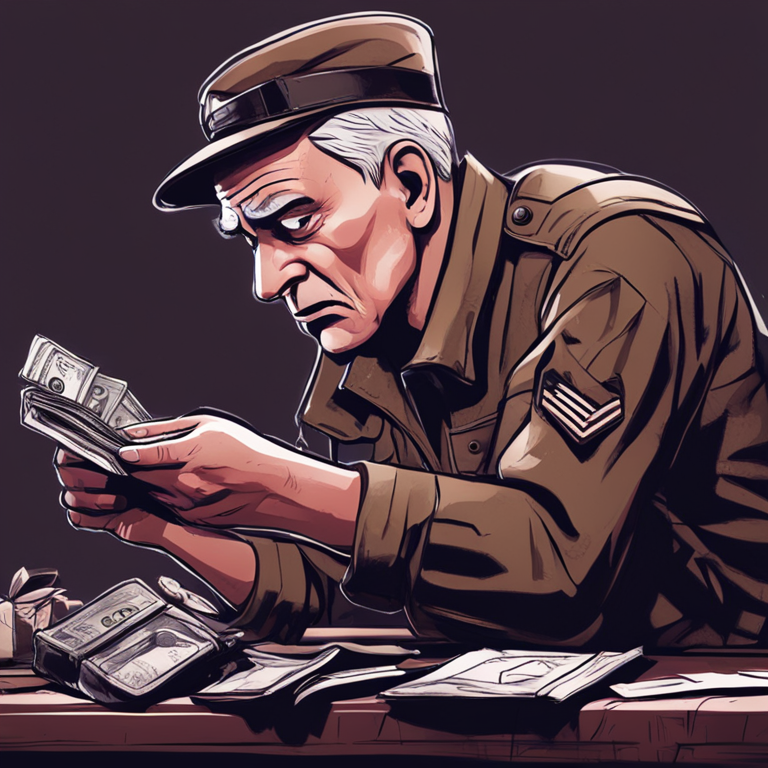 hand-drawn digital illustration, Artstation HQ, digital art of a frustrated US veteran examining empty wallet with shocked expression, overtly stylized, high contrast colors, thought-provoking and emotive scene