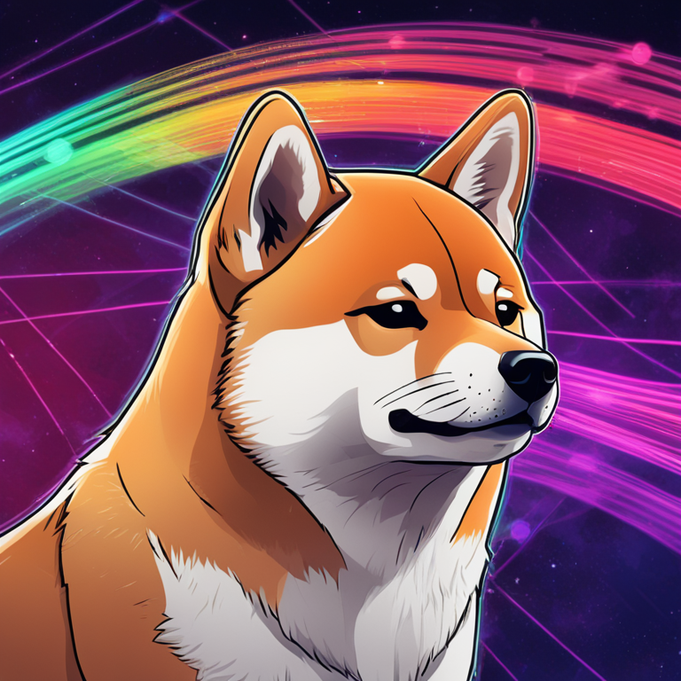 hand-drawn digital illustration of Shiba Inu against a backdrop of upward trending lines and Fibonacci retracements, Artstation HQ, digital art, colorful and engaging, cryptocurrency market dynamics, detailed illustration