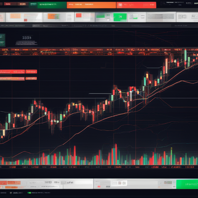 Intricate illustration of candle charts, Fibonacci retracement levels, and EMAs showing market trends, Artstation quality, digital art, vivid and detailed, futuristic trading interface