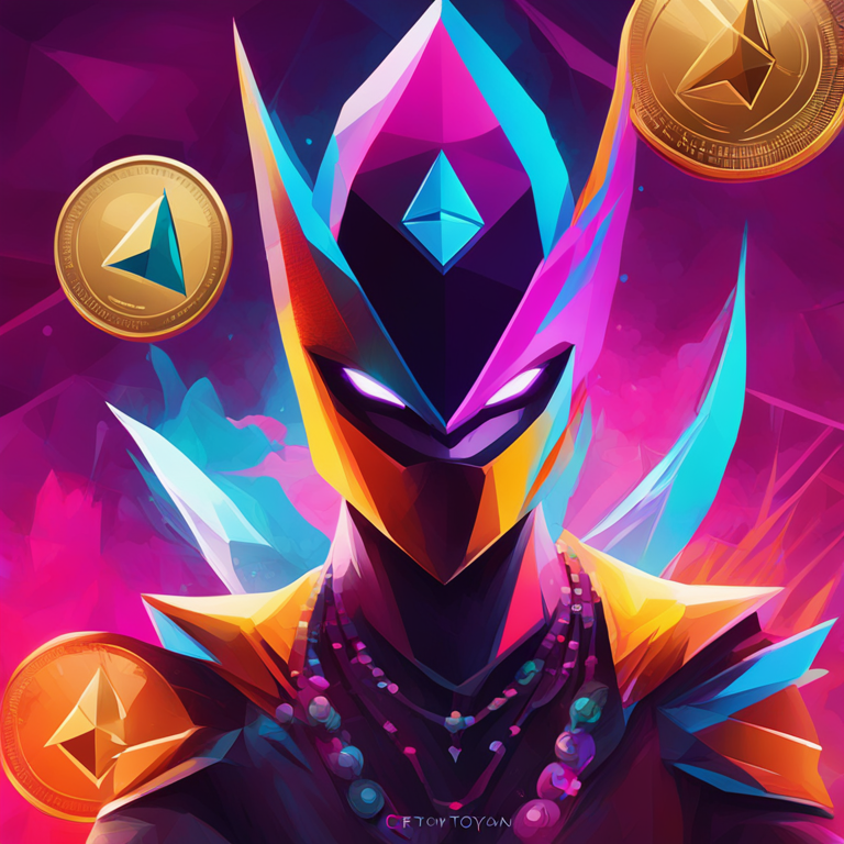 Stylish abstract digital art, CryptoYoddha's avatar with Ethereum coins, bold colors, modern graphic style, Artstation HQ quality, digital illustration