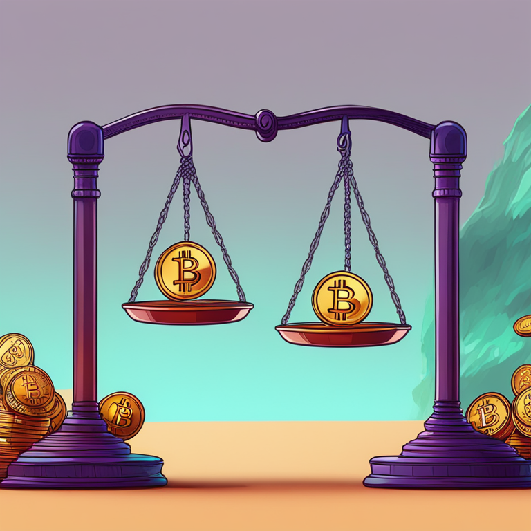 Illustration of Ethereum and Bitcoin on scales, digital art, comparison, Artstation HQ, colorful and detailed visual representation