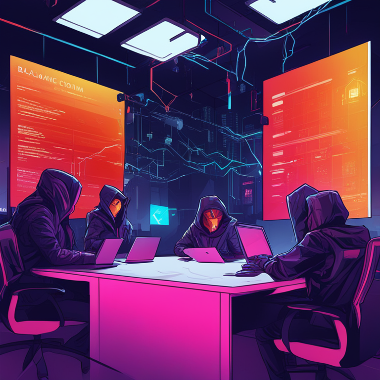 hand-drawn digital illustration, Artstation HQ, digital art depicting a dramatic and urgent scene related to a cyber attack on a blockchain platform, bright colors, high contrast