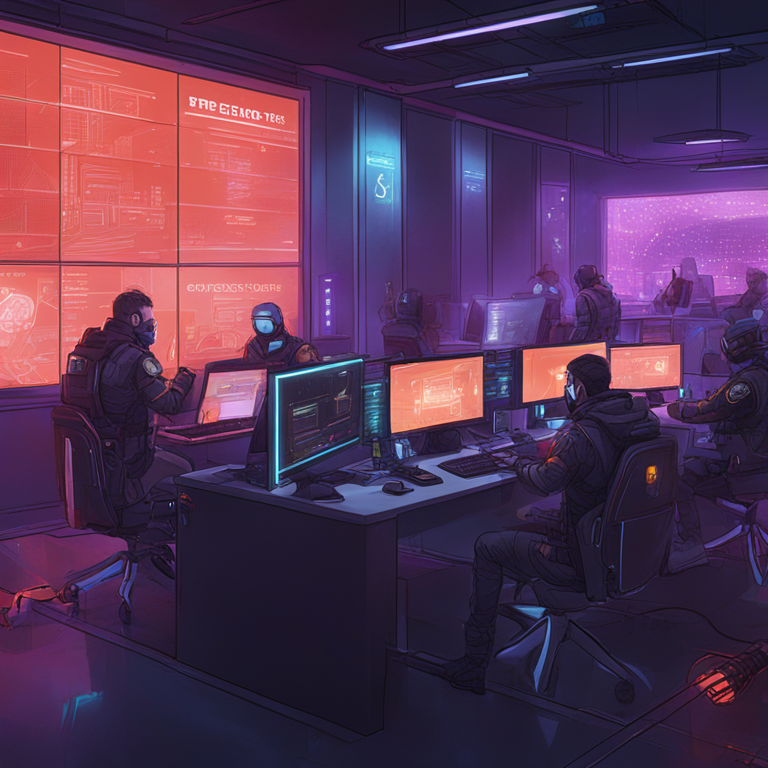 hand-drawn digital illustration, Artstation HQ, digital art showing a crisis response team at work, repairing and securing blockchain infrastructure, futuristic setting with computer screens and holograms, intense atmosphere