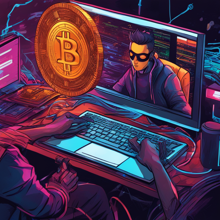 Hand-drawn digital illustration of an attacker manipulating cryptocurrency platforms, highlighting the vulnerability, Artstation HQ, digital art, detailed and vibrant colors, cyber security, chaos in the finance world, trending style