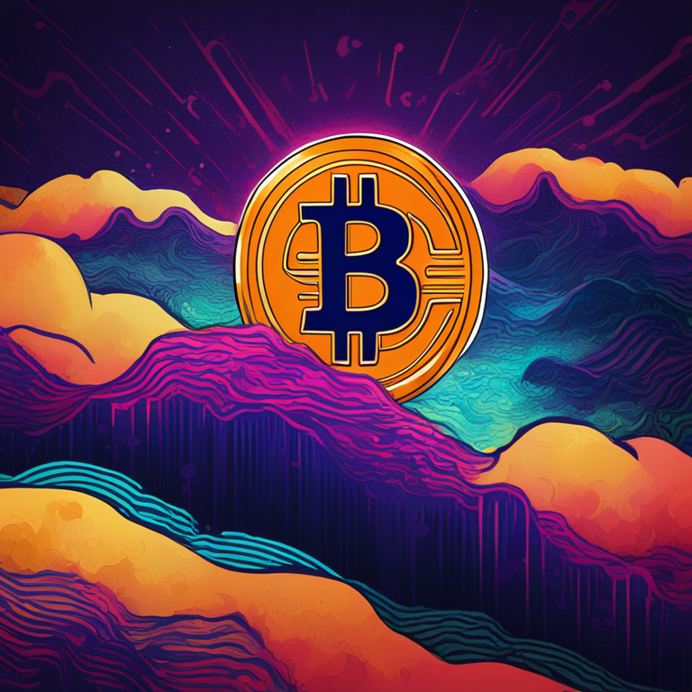 Hand-drawn digital illustration of Bitcoin logo rising against a vibrant digital background, symbolizing growth and momentum, Artstation HQ, digital art