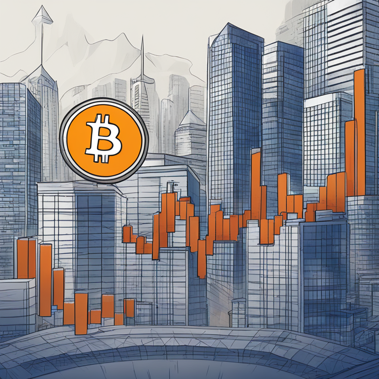 Hand-drawn digital illustration of financial market symbols like Bitcoin, charts showing upward trends, and institutional buildings, Artstation HQ, digital art