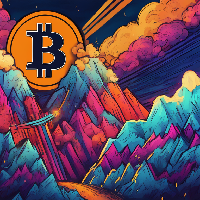 Hand-drawn digital illustration of Bitcoin (BTC) reaching all-time high, Artstation HQ, vibrant colors, digital art