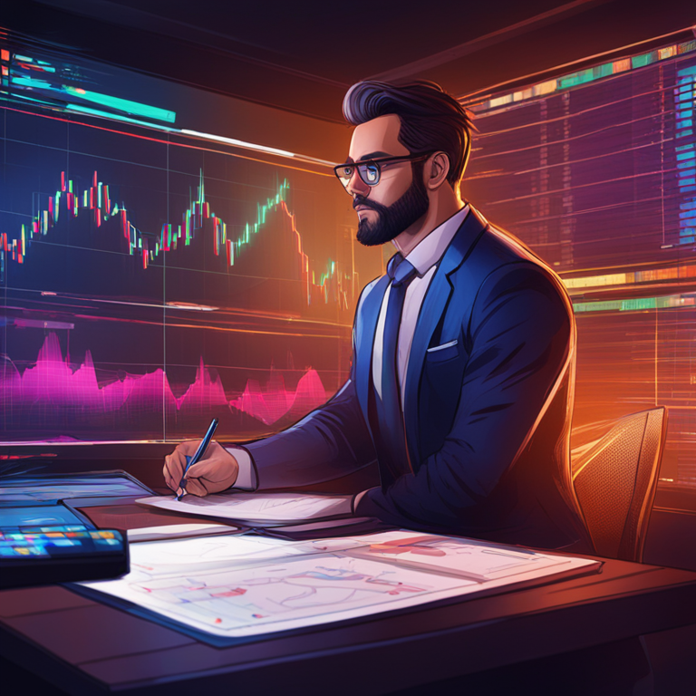 A confident trader analyzing charts, hand-drawn digital illustration, Artstation HQ, digital art, modern, vibrant colors, sophisticated, financial theme, trending on Artstation, soft lighting, detailed expressions, intense focus