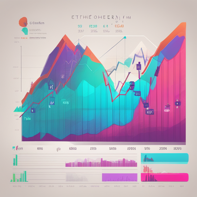 Ethereum chart analysis illustration, hand-drawn digital illustration, Artstation HQ, digital art, showcasing fluctuating price levels, emphasizing support and resistance, vibrant colors, modern and sleek style