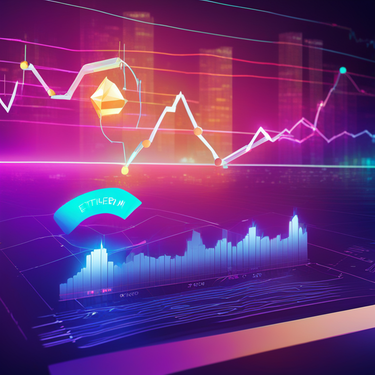 hand-drawn digital illustration, Artstation HQ, digital art, Ethereum price correction with dynamic financial graphs, abstract background, colors reflecting volatility in crypto market, high-tech futuristic style