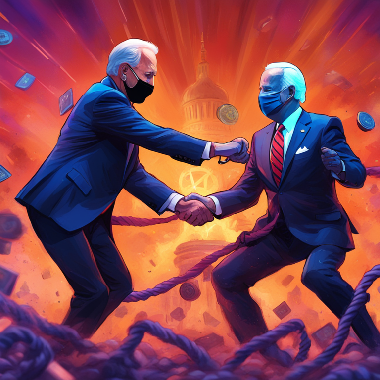 A vibrant digital art piece showing a tug-of-war between Senate members and President Biden, symbolizing the struggle over the cryptocurrency custody bill, Artstation HQ, detailed and expressive artwork