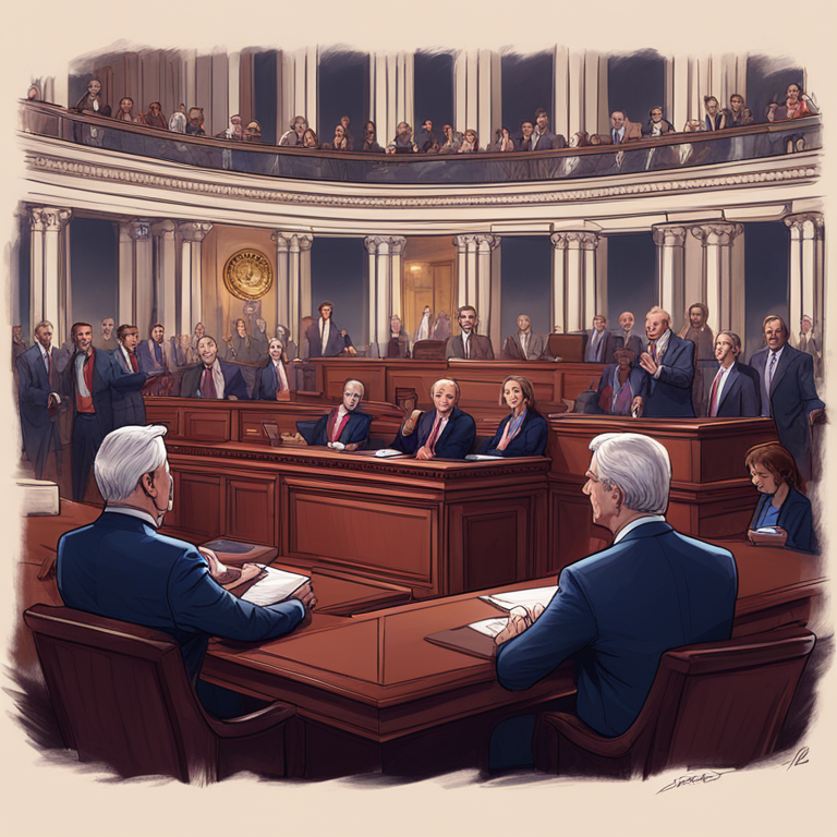 Digital illustration of the US Senate passing a crypto custody bill, hand-drawn digital illustration, Artstation HQ, digital art, senators debating in a modern legislative hall, vibrant ambiance, detailed faces, expressive hand gestures, trending on Artstation