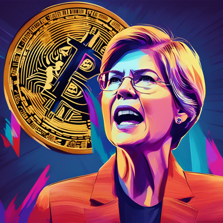 Hand-drawn digital illustration of Senator Elizabeth Warren, Artstation HQ, digital art, senator speaking passionately against a crypto bill, detailed facial expressions, vibrant colors, trending on Artstation