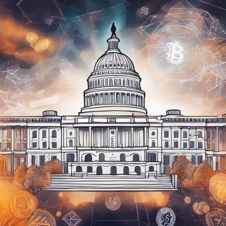 Hand-drawn digital illustration of the US Capitol building with abstract cryptocurrency symbols floating around it, Artstation HQ, digital art