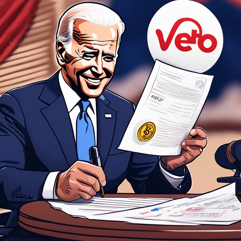 Hand-drawn digital illustration of President Biden with a veto stamp over a document symbolizing the crypto custody bill, Artstation HQ, digital art