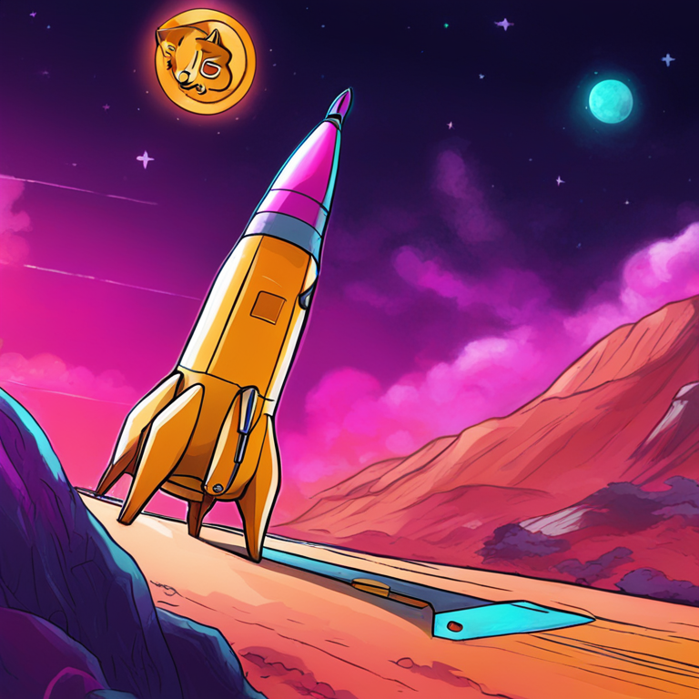 Hand-drawn digital illustration of Dogecoin's rocket getting ready to take off, vibrant colors, Artstation HQ