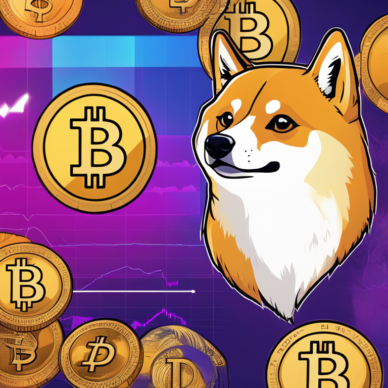 Illustration of financial charts and data with Dogecoin logo, hand-drawn digital art in vibrant colors, Artstation HQ